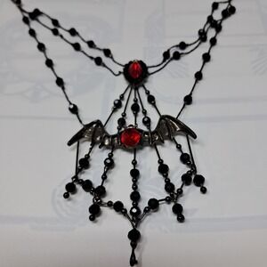 Bat Spider Web Necklace Gothic Halloween Dark‎ Academia Red Stone 16" Long